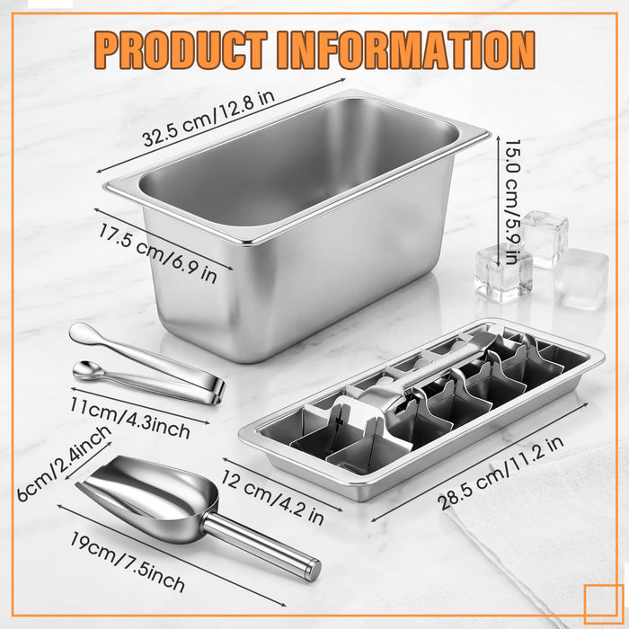 OBreezify 2 Pcs Stainless Steel Ice Cube Tray with Easy Release Levers 1 Metal Ice Bucket 1 Scoop 1 Tong for Freezer Wine Beer Champagne Cocktails Drink Bucket Bin Container Bar Party Picnic