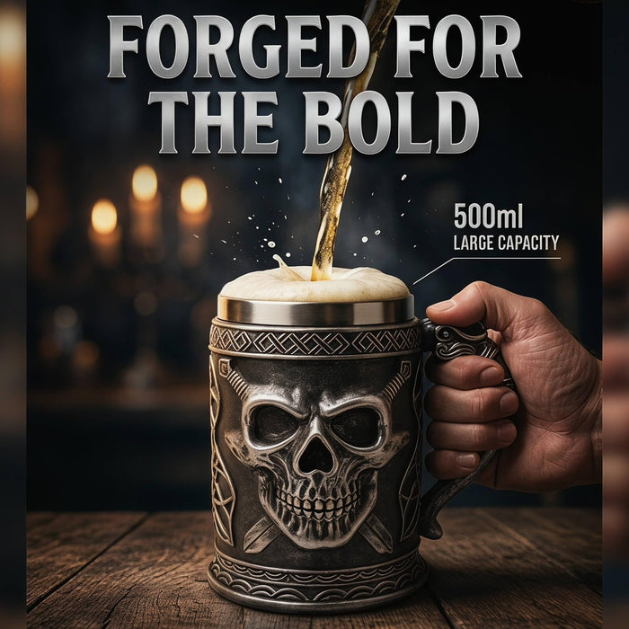 Brillantreal Viking Skull Tankard, 14oz Stainless Steel Beer Stein