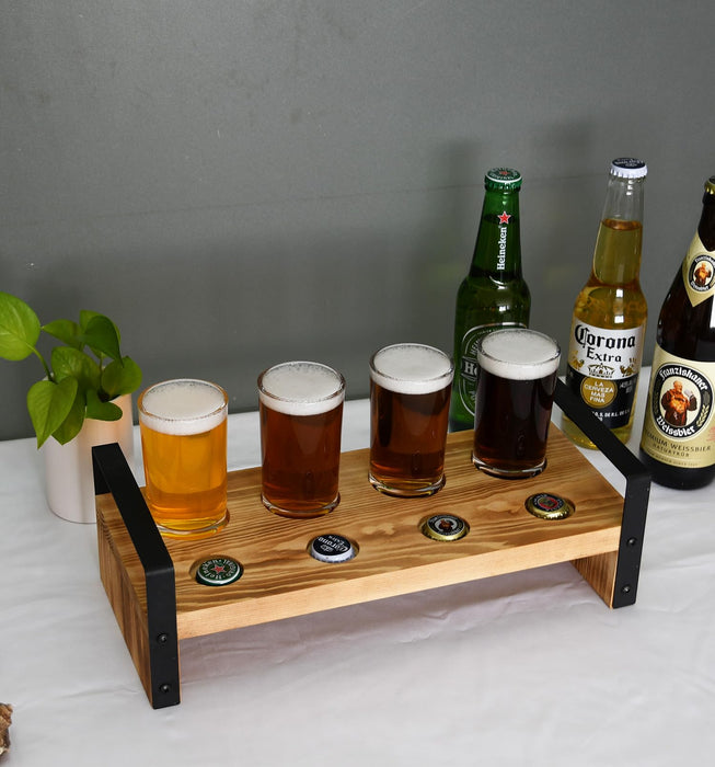 Owlgift Brown Wood Beer Flight Sampler Tray Holder Serving Set w/ 4 Glasses & Bottle Cap Holder & Black Metal Handles, Outdoor Bar Accessory, Drink Stand, Beer Gifts