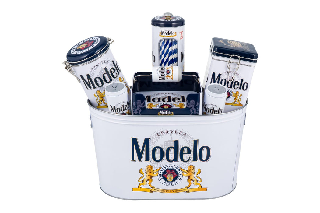 Modelo Entertaining Bundle Set – Galvanized Beverage Tub, Serving Tray, Napkin Holder, Straw Holder, Salt & Pepper Caddy, and Locktop Canisters – Indoor & Outdoor Beverage Serving Collection (White)