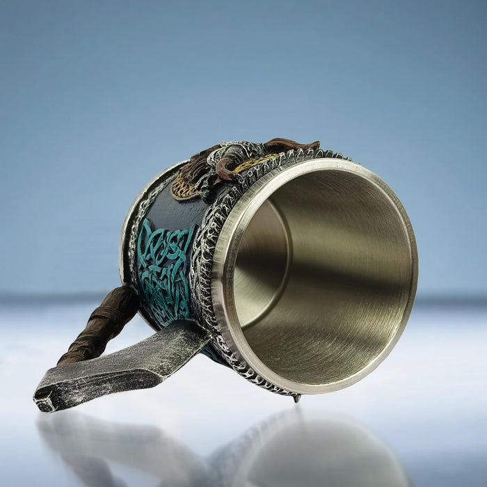 Viking Beer Mug 15oz Stainless Steel Double Wall Heavy Mug, Hand-Carved Oak with Norse Runes, Axe Handle Tankard Gifts for Men Medieval Drinking Cup, Cool Beer Stein for Home Bar Viking Decor