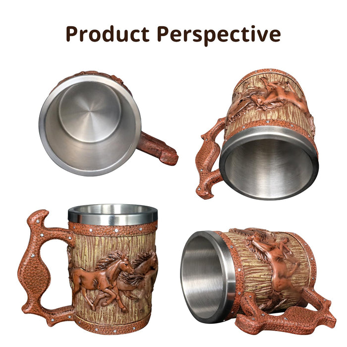 Wooden Barrel Beer Mug, 20oz Stainless Steel Horse Mug Coffee Cup Horses Gifts for Women Men Gift for Birthday Christmas, Gothic Decor Party Decoration Drinkware Gift