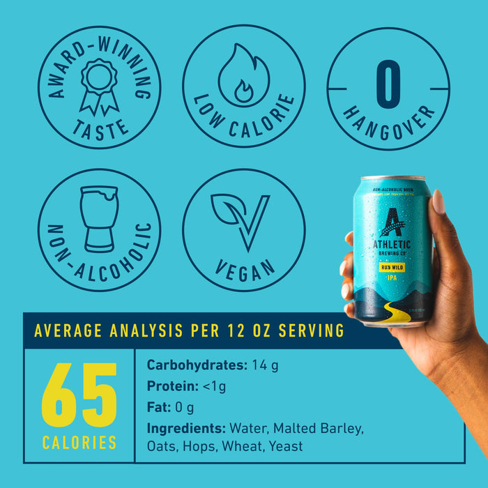 Athletic Brewing Company Craft Non-Alcoholic Beer - 12 Pack x 12 Fl Oz Cans - Run Wild IPA - Low-Calorie, Award Winning - The Ultimate Sessionable IPA Subtle Yet Complex Malt Profile