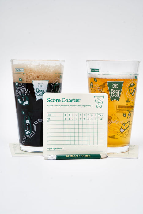 Beer Golf The Original Twosome Set (2-Pack) | 16 oz Precision Drinking Game Pint Glasses | Includes Scorecard Coasters & Pencil | The Ultimate Party Game & Golf Gift