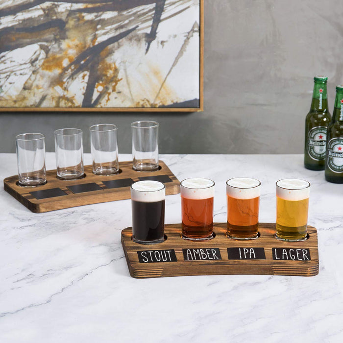 MyGift Beer Flight Board Sampler Set with 4 Tasting Beer Glasses, Brown Wood Serving Tray and Chalkboard Labels, Set of 2