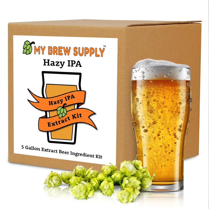 My Brew Supply Hazy IPA Extract Kit | Pale Dry Malt Extract | Flaked Wheat & Oats | Corn Sugar | Azacca & Mosaic Hops | English Ale Yeast | Priming Sugar | Bottle Caps | 5 Gallon Yield