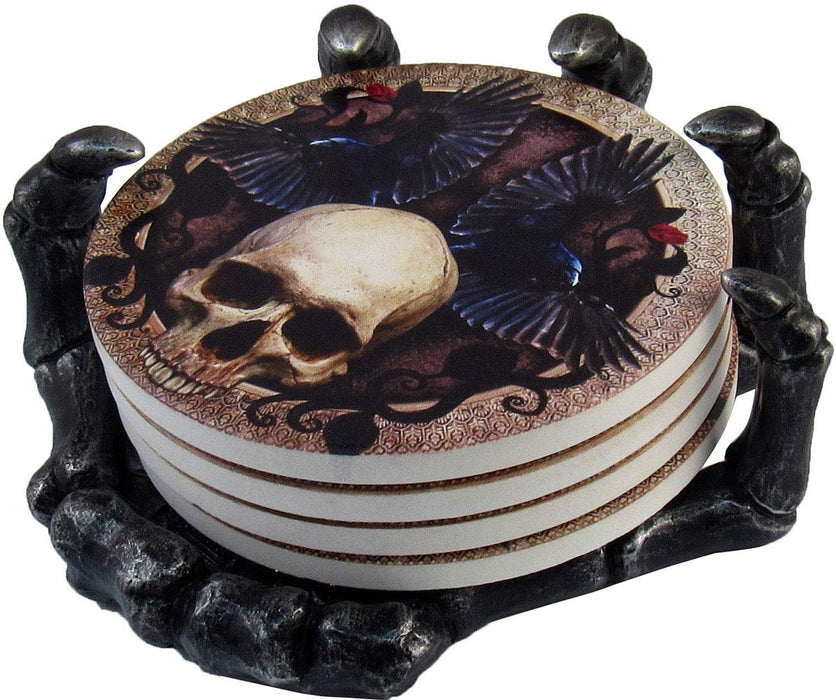 DWK - Helping Hand - Beautiful Gothic Skull Beverage Coasters with Creepy Skeleton Hand Holder for Halloween Home Kitchen Dining and Bar Décor Accent, 5.5-inch
