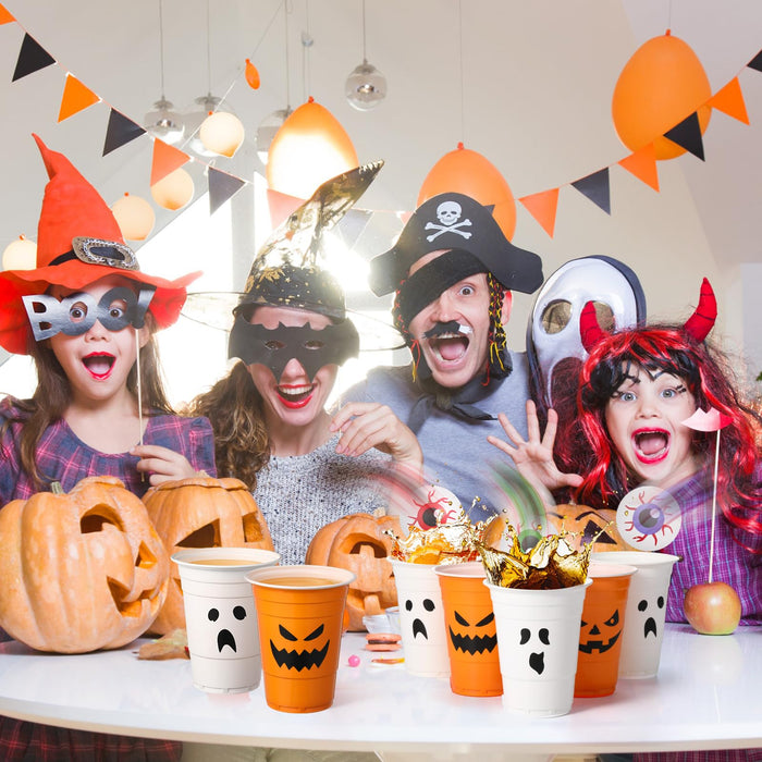 Seenelling 30 Pack Halloween Party Supplies Includes 22 Pcs Beer Cups with Halloween Designs and 8 Pcs 1.5In Fake Eye Balls for Party Favors Indoor Outdoor Nighttime Competitive(Pumpkin Ghost)