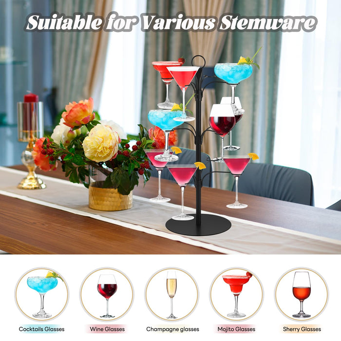 Cocktail Tree Stand – 3-Tier Champagne Tower with 12 Holders – Rotating Wine Glass Holder for Cocktails, Martinis, Margaritas & Champagne – Elegant Drink Tower for Parties, Weddings & Events(Black)