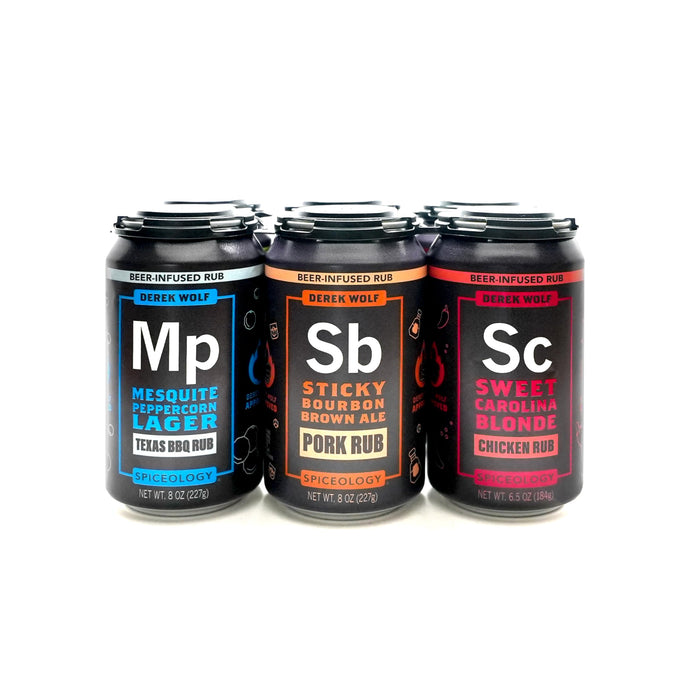 Spiceology - Derek Wolf 6-Pack Beer-Infused BBQ Rub Set - Garlic Chile Lager, Jalapeño Lime Pilsner, Sweet Carolina Blonde, Sticky Bourbon Brown Ale, Big Bad BBQ Ale & Mesquite Peppercorn Lager