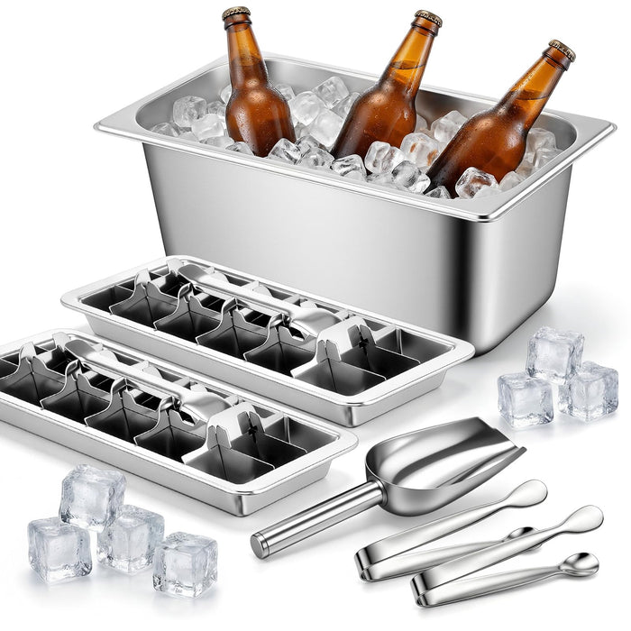 OBreezify 2 Pcs Stainless Steel Ice Cube Tray with Easy Release Levers 1 Metal Ice Bucket 1 Scoop 1 Tong for Freezer Wine Beer Champagne Cocktails Drink Bucket Bin Container Bar Party Picnic