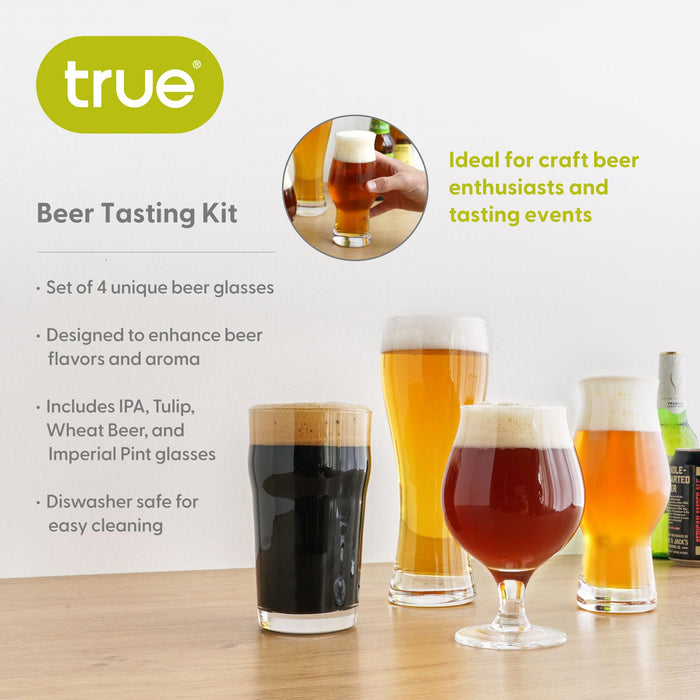 True Beer Glasses Gift Set, Durable Clear Tasting Kit for IPA, Belgian Ales, Wheat Beers, Stouts, Porters, Perfect for Beer Lovers, Home Bar, Birthday Gifts for Men, Set of 4