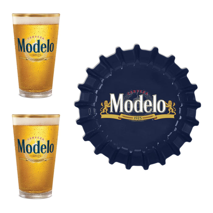 Marketplace Brands Modelo Beer Serving Set with Bottle Cap Shaped Tray and Pint Glasses