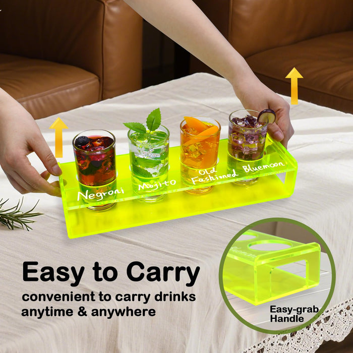 Acrylic Drink Flight Boards with Glasses - Neongreen Drink Flight Tray Set - Cocktail and Mimosa Tasting Tray - Writable Beer Flight Boards for Hosting Essentials Bartender Accessories