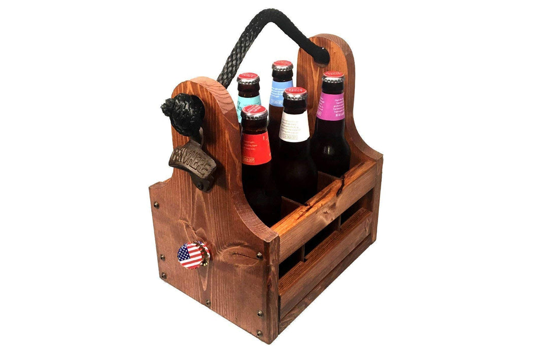 Personalized Wood Beer Caddy with Bottle Opener and Magnetic Bottle Cap Catcher. Handmade Rustic Wooden Six Pack Tote/Carrier - Boxed Split Monogram with Est. Date