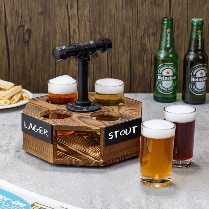 MyGift Burnt Solid Wood Geometric Beer Flight Server Set with Rustic Industrial Metal Pipe Handle, 4 Beer Glasses and Chalkboard Label Panel