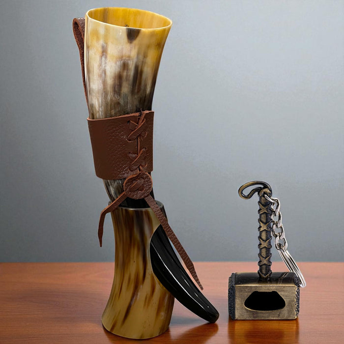 Drinking Horn — 10-12 Inch Viking Gifts for Men & Women | With Thor Bottle Opener & Stand | Handmade & Real Ox Horns | Norse Viking Cup Perfect For Beer, Ale, Mead (12 Oz) (Shine Polished Pack of 2)