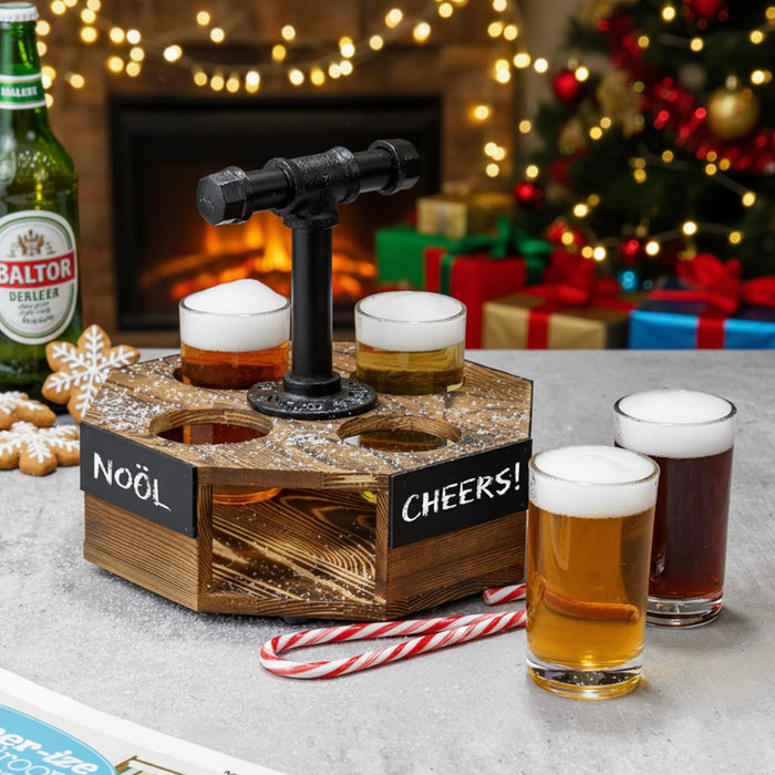 MyGift Burnt Solid Wood Geometric Beer Flight Server Set with Rustic Industrial Metal Pipe Handle, 4 Beer Glasses and Chalkboard Label Panel