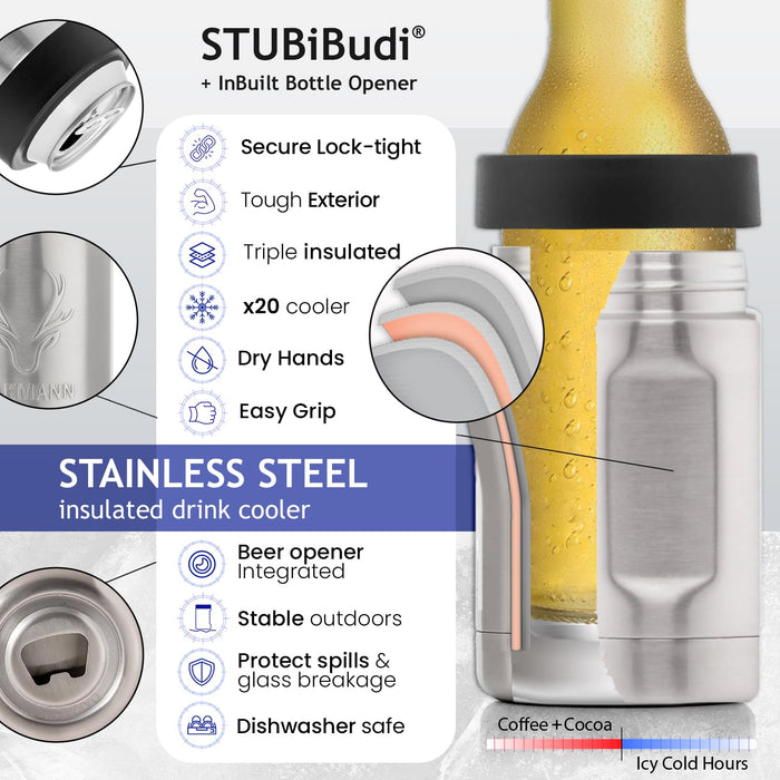 OAKMANN Stainless Steel Beer Cooler With Bottle Opener, Vacuum Insulated Can Cooler 12 oz for Bottles Cans, 4-in-1 Universal Insulator Coozy for Bottles Cans, Beer Gifts for Men (Steel)
