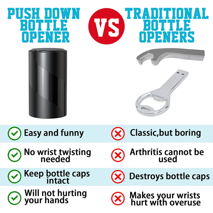 2 PACK Push Down-Pop Off Beer Bottle Opener with Magnetic Cap Catcher No Damage to Caps,Automatic Decapitator Beer/Soda Magnet Bottle Top Openers,One-Hand Easy/Funny Open,Cool Bartender Tools (Black)