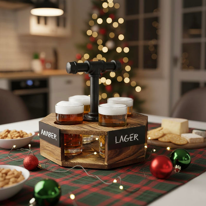 MyGift Burnt Solid Wood Geometric Beer Flight Server Set with Rustic Industrial Metal Pipe Handle, 4 Beer Glasses and Chalkboard Label Panel