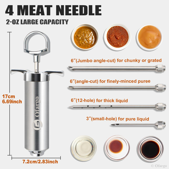 Ofargo Stainless Steel Meat Injector Syringe Kit with 4 Marinade Needles for BBQ Grill Smoker, Father Day Gifts for Dad Husband Men Him, 2-oz Large Capacity, Both Paper User Manual and E-Book Recipe