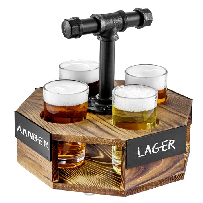 MyGift Burnt Solid Wood Geometric Beer Flight Server Set with Rustic Industrial Metal Pipe Handle, 4 Beer Glasses and Chalkboard Label Panel