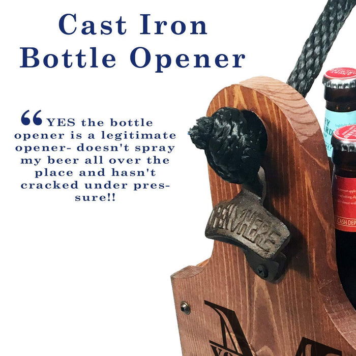 Personalized Wood Beer Caddy with Bottle Opener and Magnetic Bottle Cap Catcher. Handmade Rustic Wooden Six Pack Tote/Carrier - Boxed Split Monogram with Est. Date