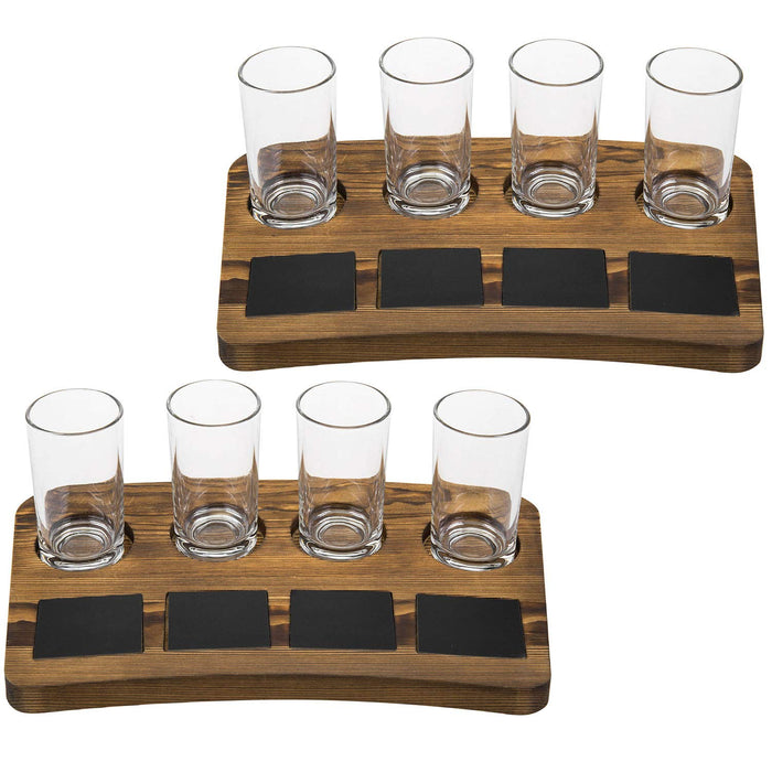 MyGift Beer Flight Board Sampler Set with 4 Tasting Beer Glasses, Brown Wood Serving Tray and Chalkboard Labels, Set of 2