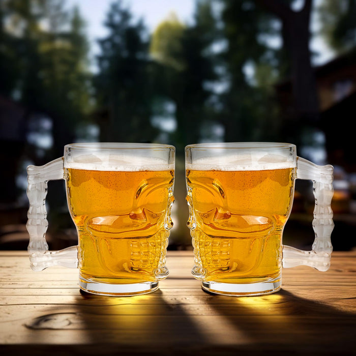 Beer Mugs Set of 4 - Skull Glasses with Handle - 17 OZ Heavy Base Drinking Tiki Glasses - Clear Beer Stein Cup for Whiskey, Wine, Juice, Home Bar, Halloween Decorations Gifts