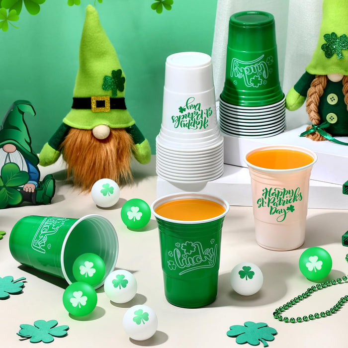 Pickmesh 30 Pack St. Patrick's Day Party Game Set, 22 Pack 16 oz St Patricks Day Plastic Beer Cups and 8 Pack 1.5in Green Shamrocks Balls Beer Game Set for Irish Festival Party Games Favors