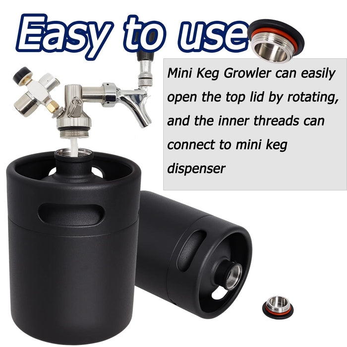 Mini Keg Growler, 64 OZ 304 Stainless Steel Mini Beer Keg with Seal knob Cover, Pressurized Growler with No Scratch Matte Black Powder Coated for Home kitchen Brewing Beer(2L)