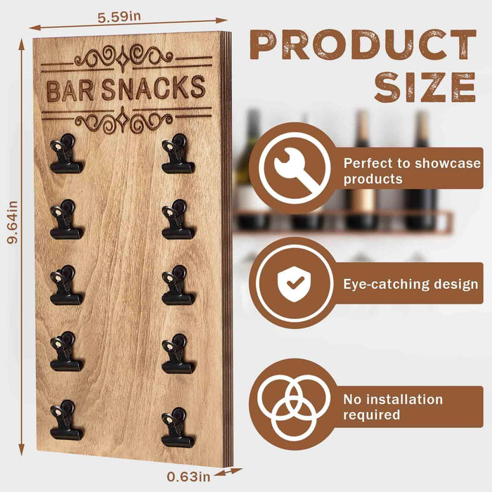 Weysat Bar Snacks Holder for Home Bar, Man Cave Snack Organizer Wall Mounted, Rustic Wooden Chip Display Rack with Clips, Gifts for Husband Dad Boyfriend, Father’s Day Accessories