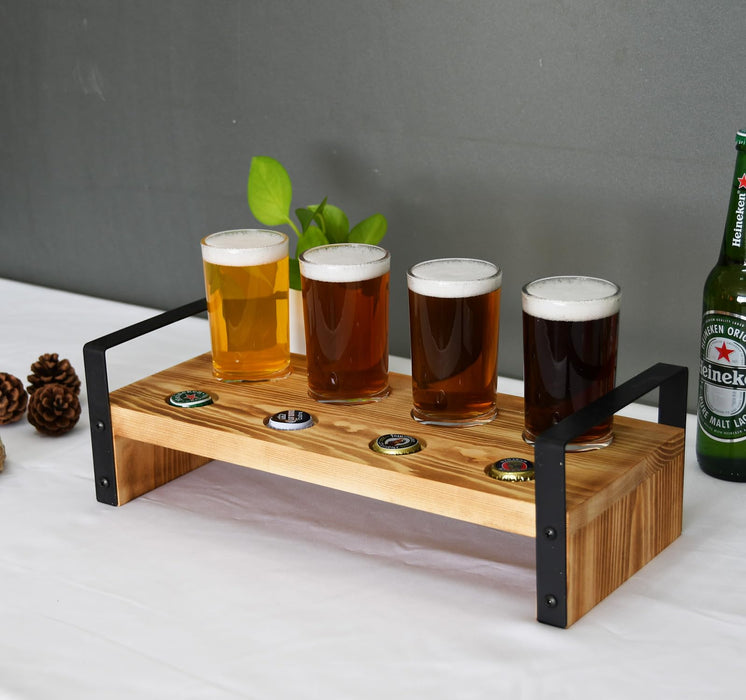 Owlgift Brown Wood Beer Flight Sampler Tray Holder Serving Set w/ 4 Glasses & Bottle Cap Holder & Black Metal Handles, Outdoor Bar Accessory, Drink Stand, Beer Gifts