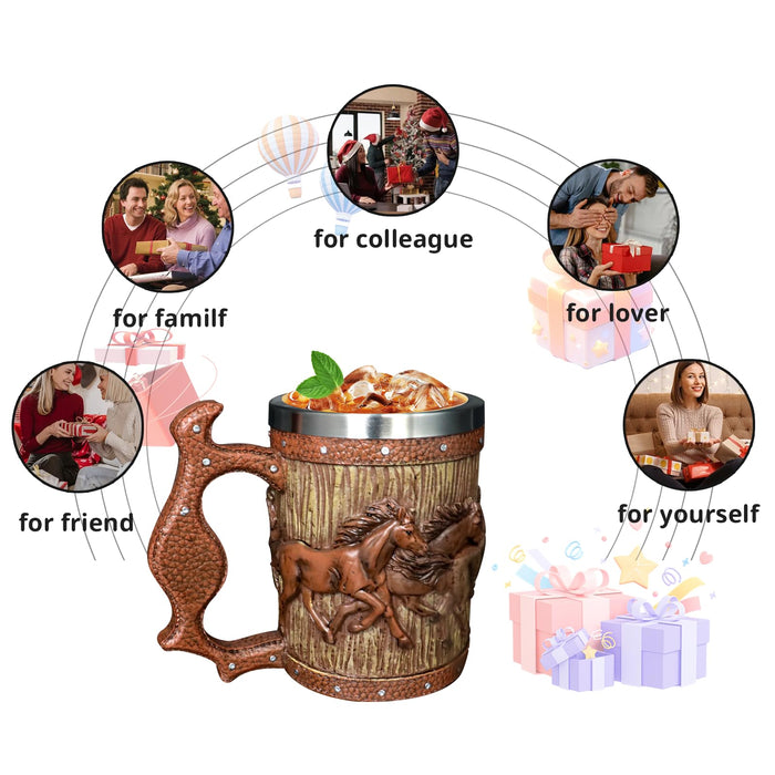 Wooden Barrel Beer Mug, 20oz Stainless Steel Horse Mug Coffee Cup Horses Gifts for Women Men Gift for Birthday Christmas, Gothic Decor Party Decoration Drinkware Gift