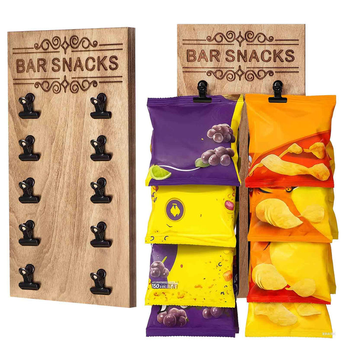 Weysat Bar Snacks Holder for Home Bar, Man Cave Snack Organizer Wall Mounted, Rustic Wooden Chip Display Rack with Clips, Gifts for Husband Dad Boyfriend, Father’s Day Accessories
