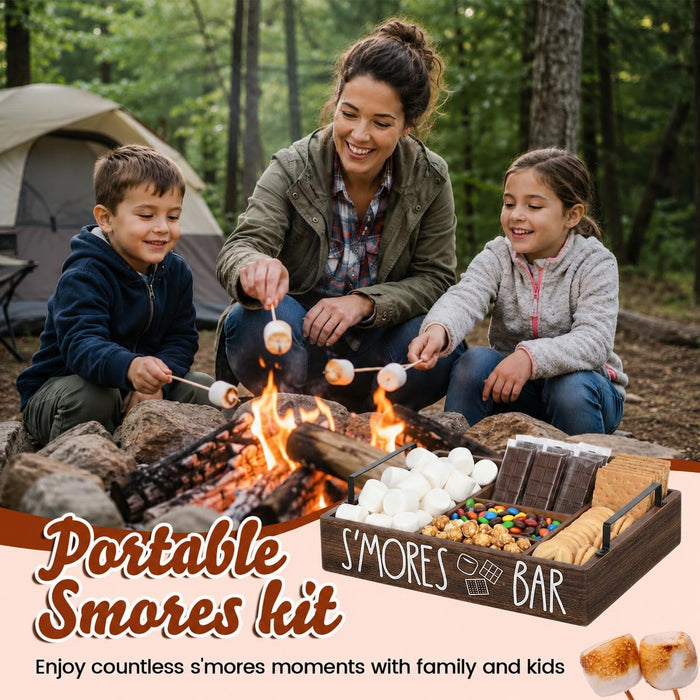 Wooden S'mores Bar Station, Smores Caddy Holder with Handles for Counter