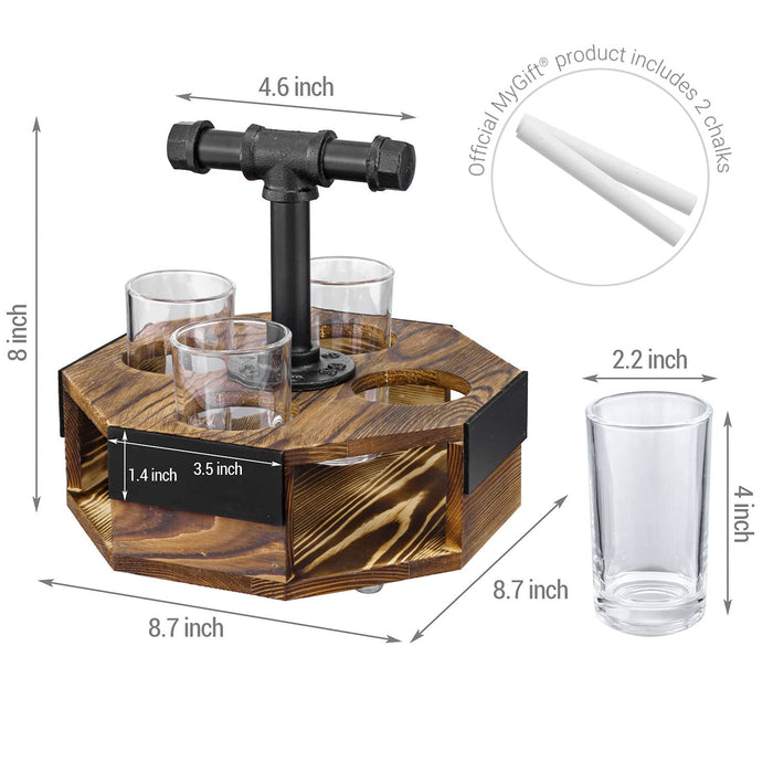 MyGift Burnt Solid Wood Geometric Beer Flight Server Set with Rustic Industrial Metal Pipe Handle, 4 Beer Glasses and Chalkboard Label Panel