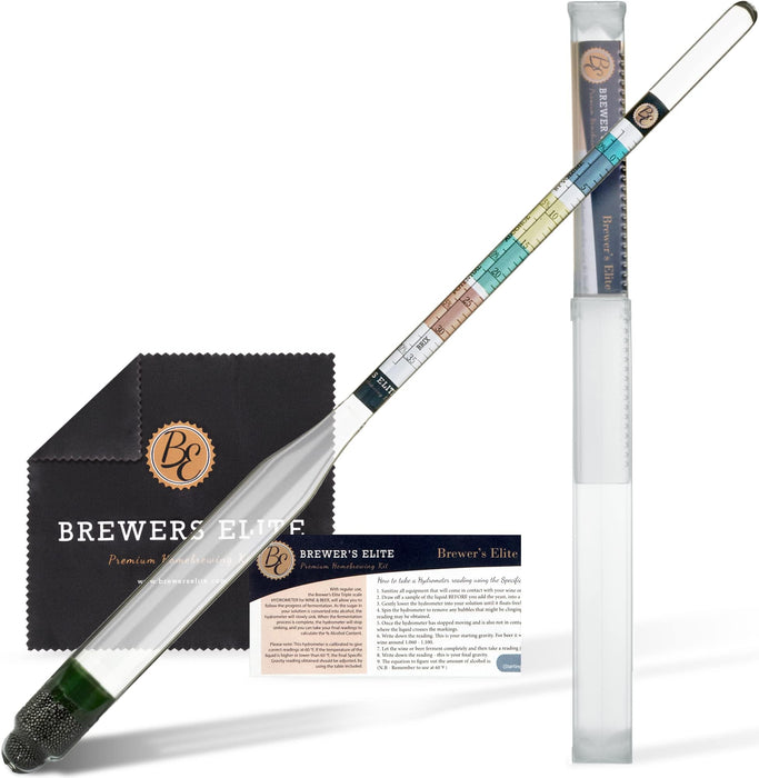 Brewer's Elite Hydrometer for Home Brew Beer, Wine, Mead and Kombucha - Deluxe Triple Scale Set with Hardcase and Cloth - Specific Gravity ABV Tester