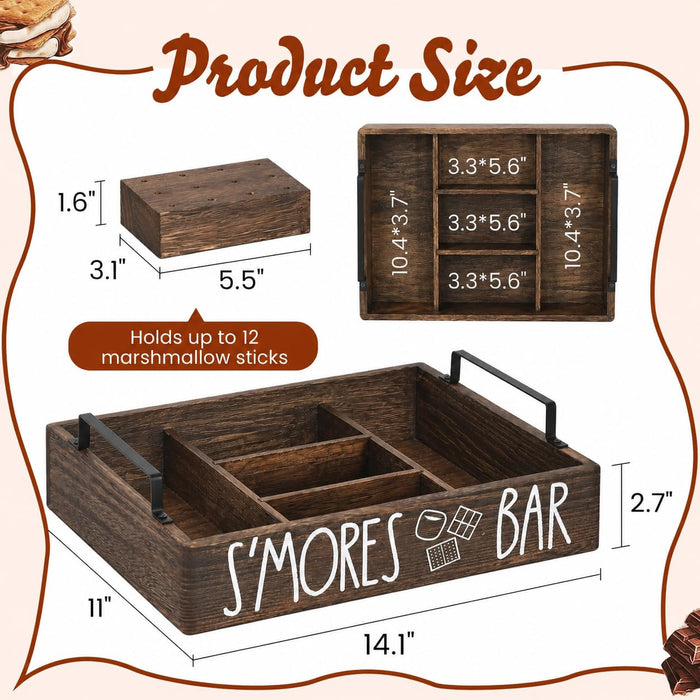Wooden S'mores Bar Station, Smores Caddy Holder with Handles for Counter
