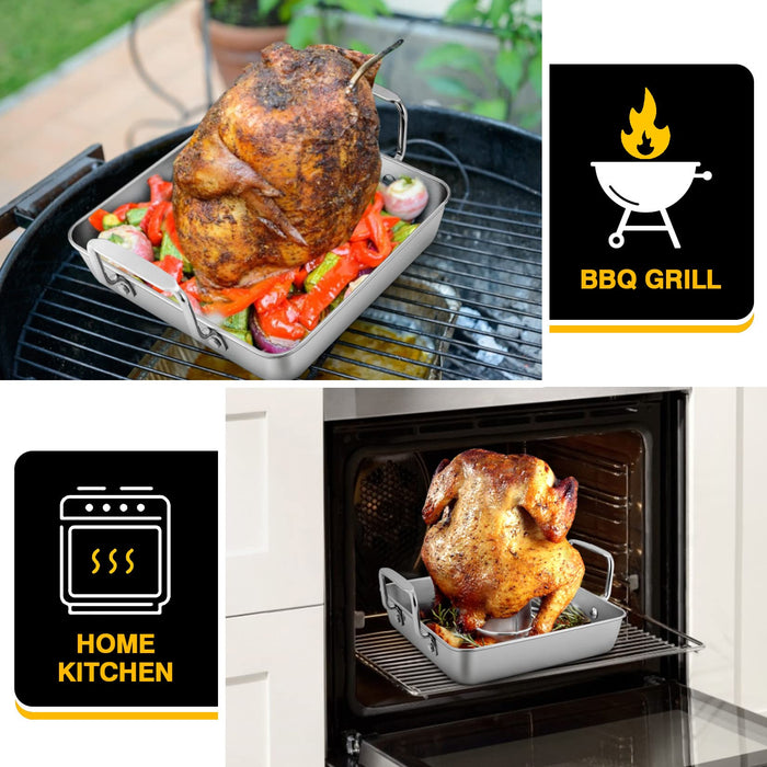 P&P CHEF Beer Can Chicken Holder with Roasting Pan Set, 9-inch Stainless Steel Square Baking Pan and Chicken Rack For Grilling, Heavy Duty & Dishwasher Safe, 2Pcs