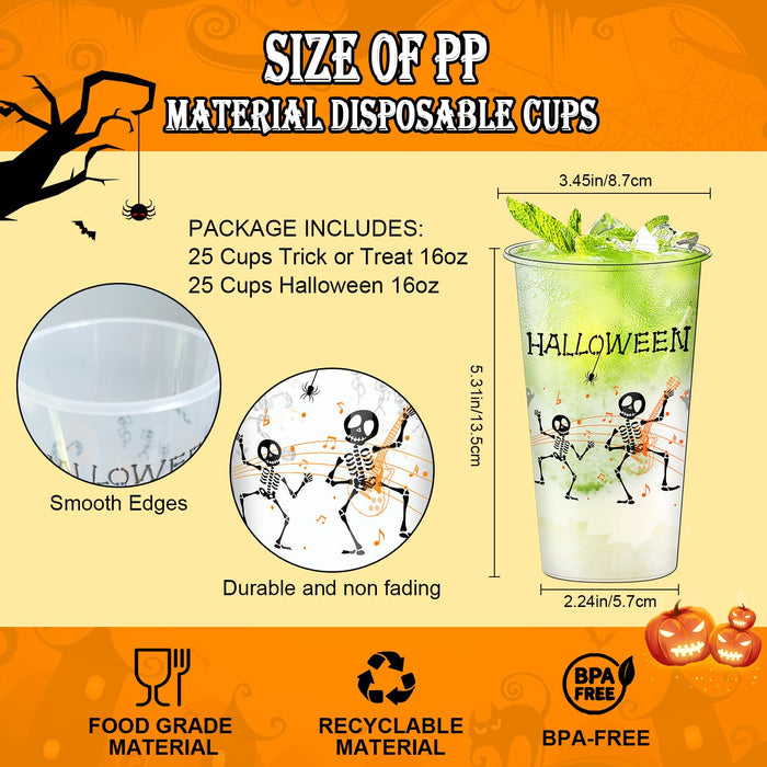BYMIOYA 50 Pcs 16 Oz Halloween Plastic Cups, Happy Halloween Disposable Clear Cups, Halloween Party Decor Disposable Cups - Ideal for Coffee, Beer, Drinks, Ice Cream, Snacks