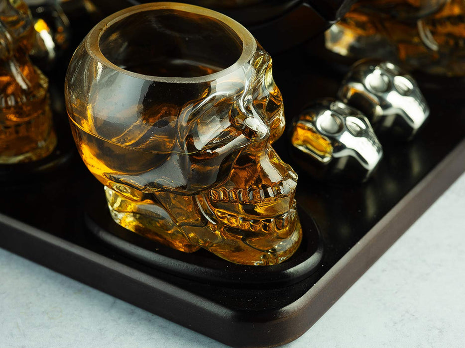 Skull Skeleton Wine & Whiskey Globe Decanter Set 850mL | Gothic Barware Gift Set with 4 Skull Head Shot Glasses 3oz & Skull Chillers on Wooden Base | Spooky Halloween Skeleton Drinkware