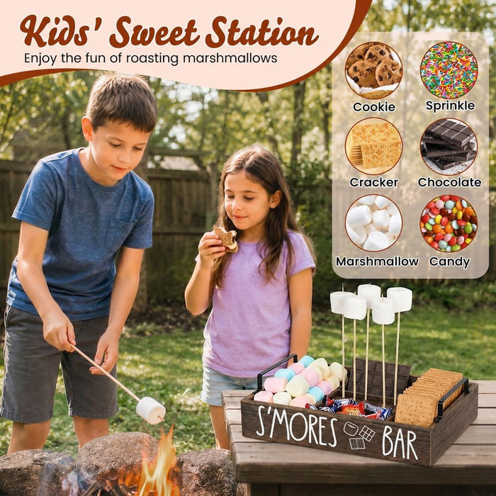 Wooden S'mores Bar Station, Smores Caddy Holder with Handles for Counter