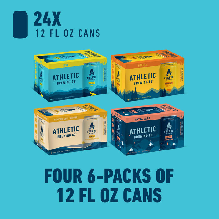 Athletic Brewing Company Craft NA - 6-Pack of All Out, Upside Dawn, Run Wild IPA, and Cerveza Atletica - Low-Calorie, Award Winning - All Natural Ingredients For A Great Tasting Drink - 12 Fl Oz Cans
