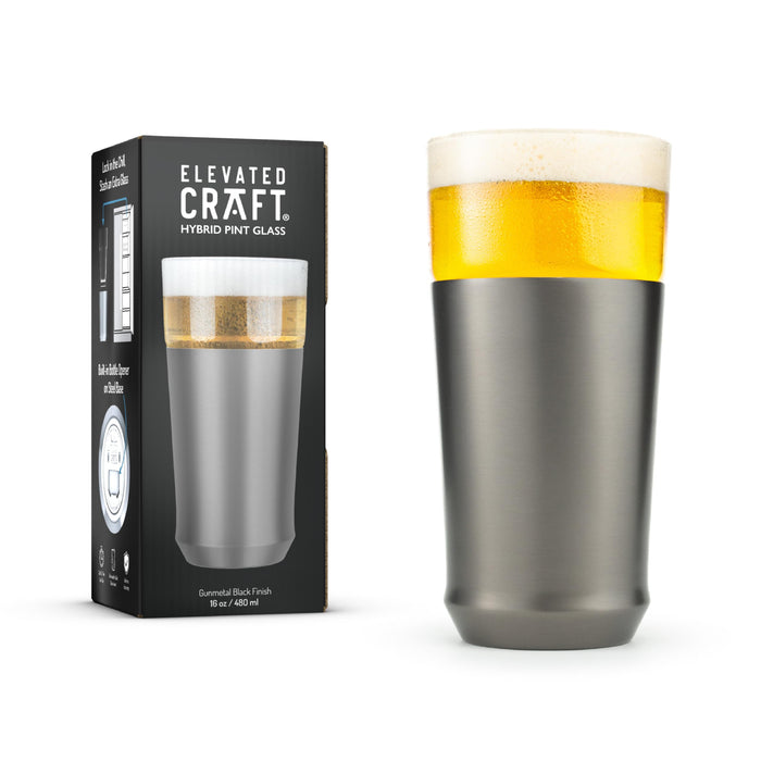 Elevated Craft Hybrid Vacuum Insulated Stainless Steel Base with Removable Pint Glass Insert, Ideal Insulation for Beers & Cold Beverages with Built-in Bottle Opener, Durable & Stylish, Black (16 oz)
