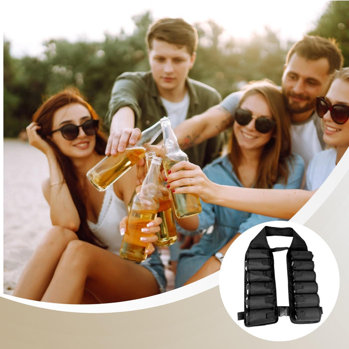 Calolin Tactical Beer Belt Holder Vest, 12 Can Beverage Holster Carrier, Adjustable Drink Dispenser Shoulder Sling, Black Nylon Party Gear with Quick Release Buckle