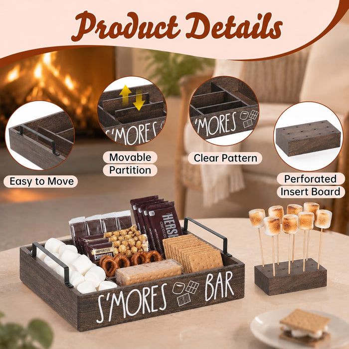 Wooden S'mores Bar Station, Smores Caddy Holder with Handles for Counter