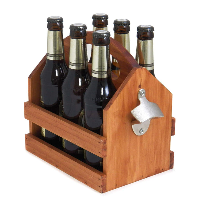Bey-Berk Personalized Six-Pack Solid Wood Beer Caddy (Brown), Bottle Carrier with Ergonomic Handle and Built-in Bottle Opener, Handcrafted Craft Beer Tote Gift
