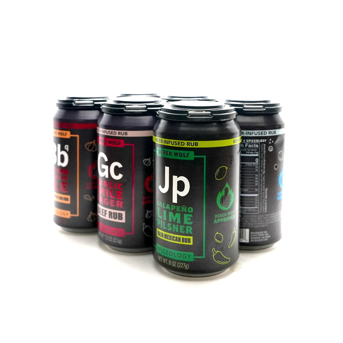 Spiceology - Derek Wolf 6-Pack Beer-Infused BBQ Rub Set - Garlic Chile Lager, Jalapeño Lime Pilsner, Sweet Carolina Blonde, Sticky Bourbon Brown Ale, Big Bad BBQ Ale & Mesquite Peppercorn Lager